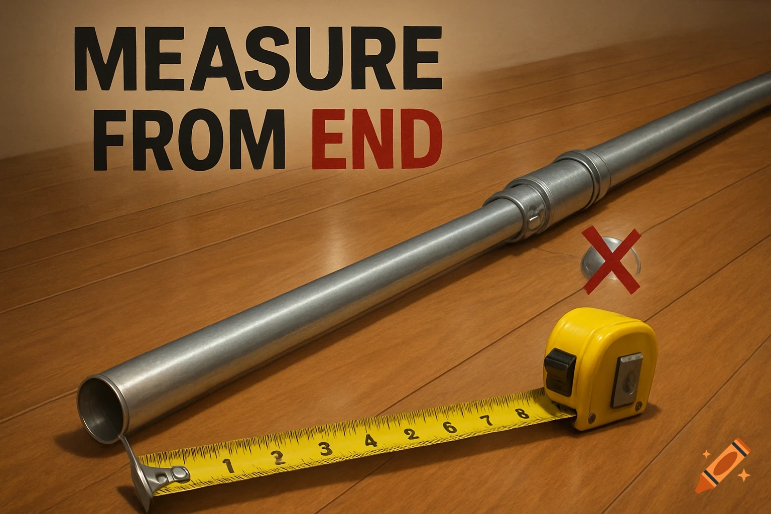 A photorealistic image shows a metal conduit pipe on a wooden floor with a yellow tape measure hooked to its end. Text reads 'MEASURE FROM END', with a red X marking another spot.