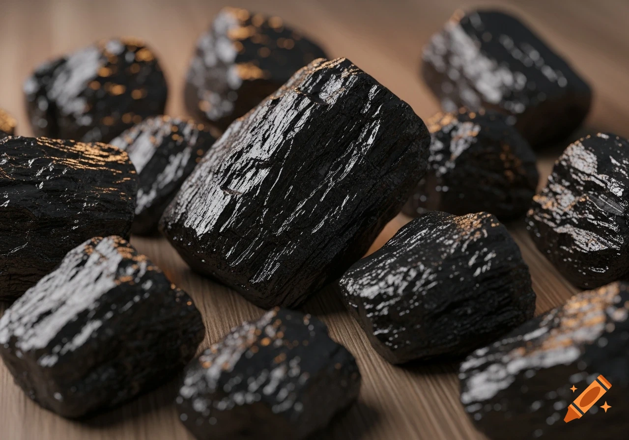 Close-up view of several shiny black chunks of coal with rough textures, scattered on a wooden surface.