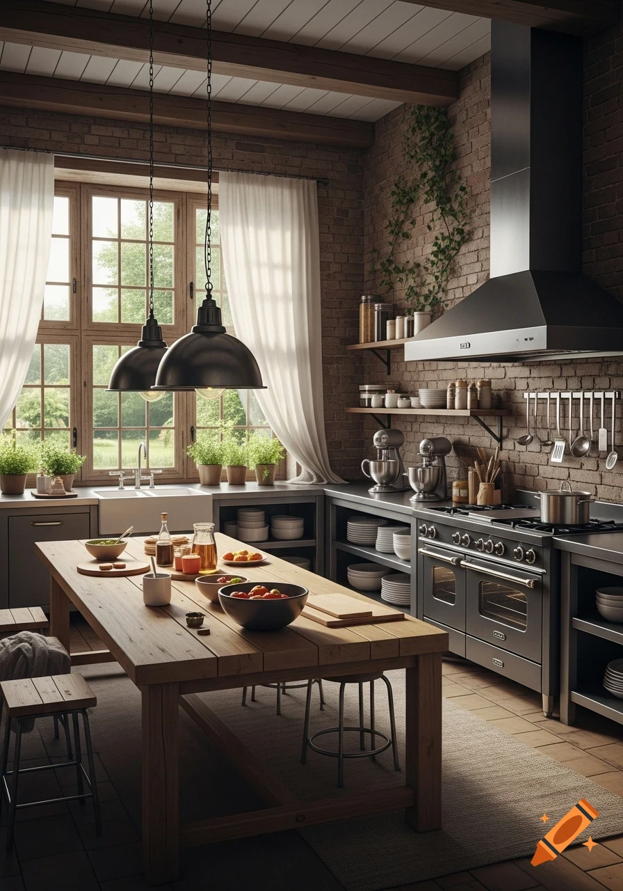 A rustic kitchen with brick walls, wooden beams, a large window, and a central wooden table, featuring industrial-style appliances.