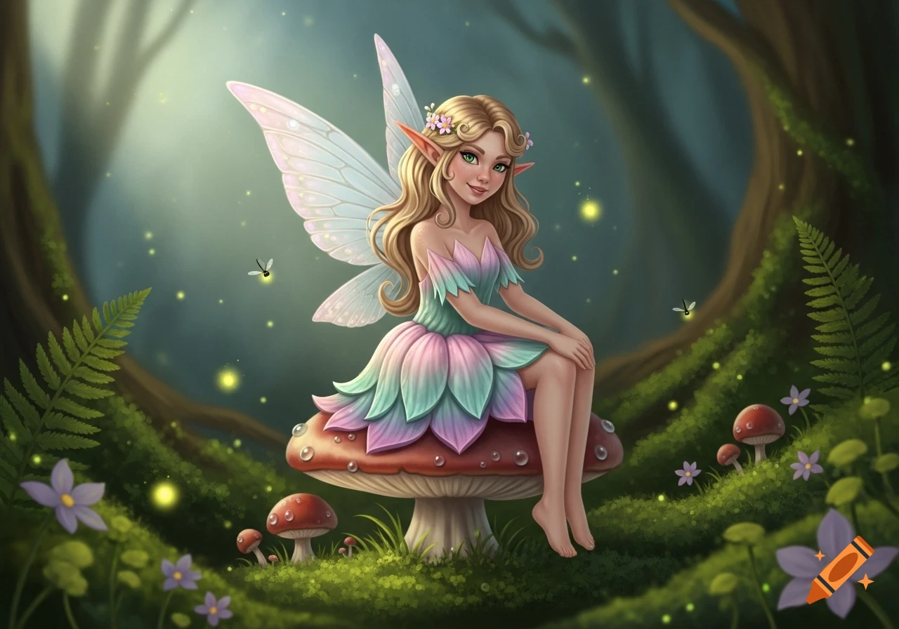 A charming fairy with blonde hair and a pastel dress sits on a red mushroom in a magical forest with glowing fireflies.