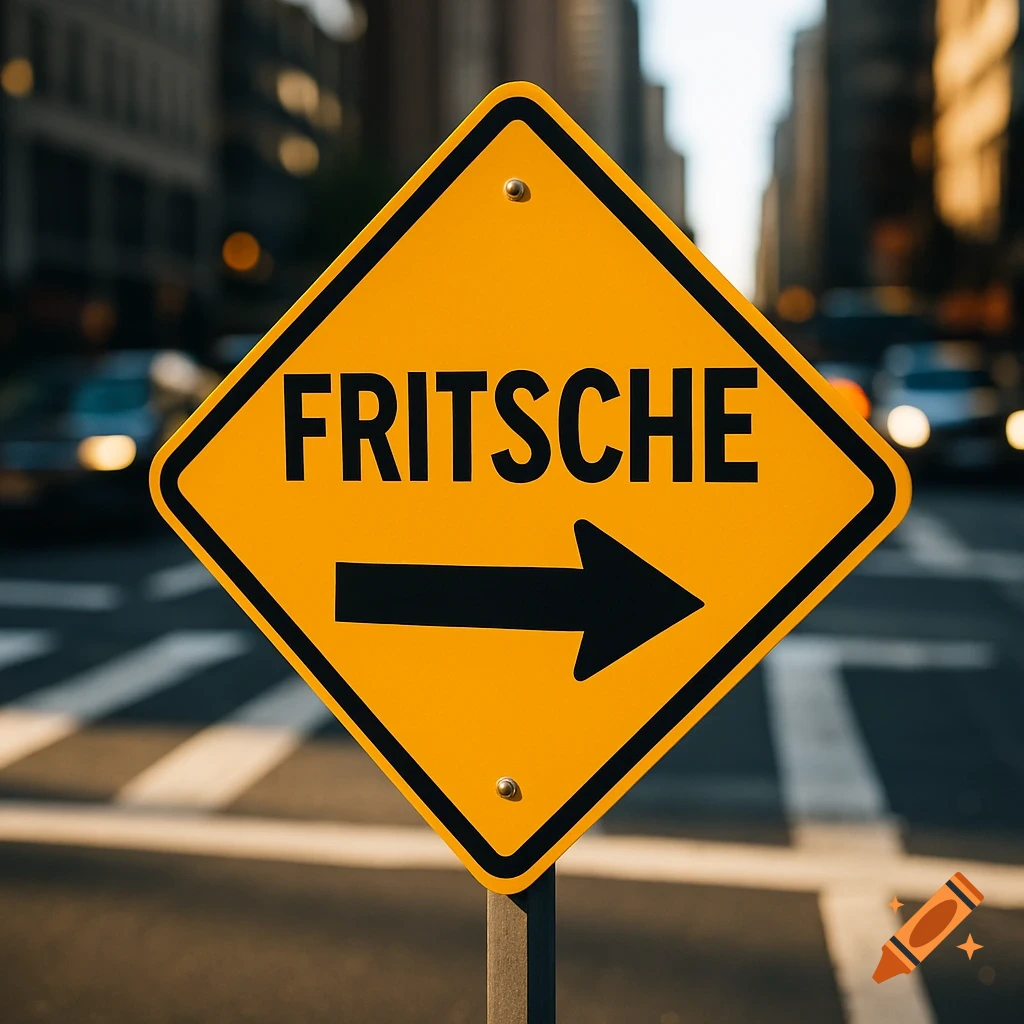 A yellow diamond-shaped road sign with the name "FRITSCHE" and a black right arrow, standing on a city street.