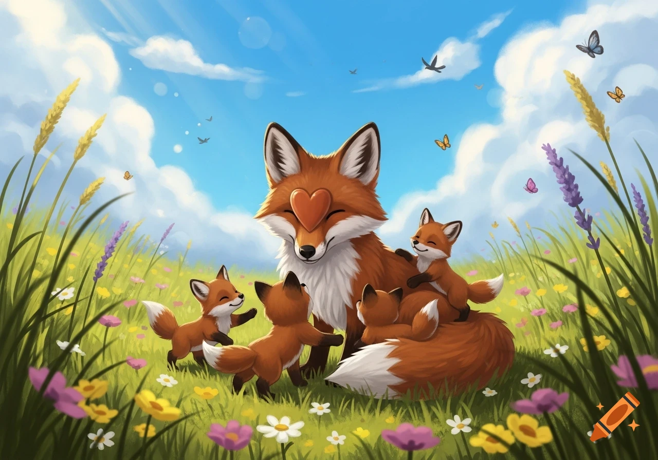 A cartoon mother fox with a heart-shaped nose sits in a sunny meadow with four playful baby foxes and butterflies.