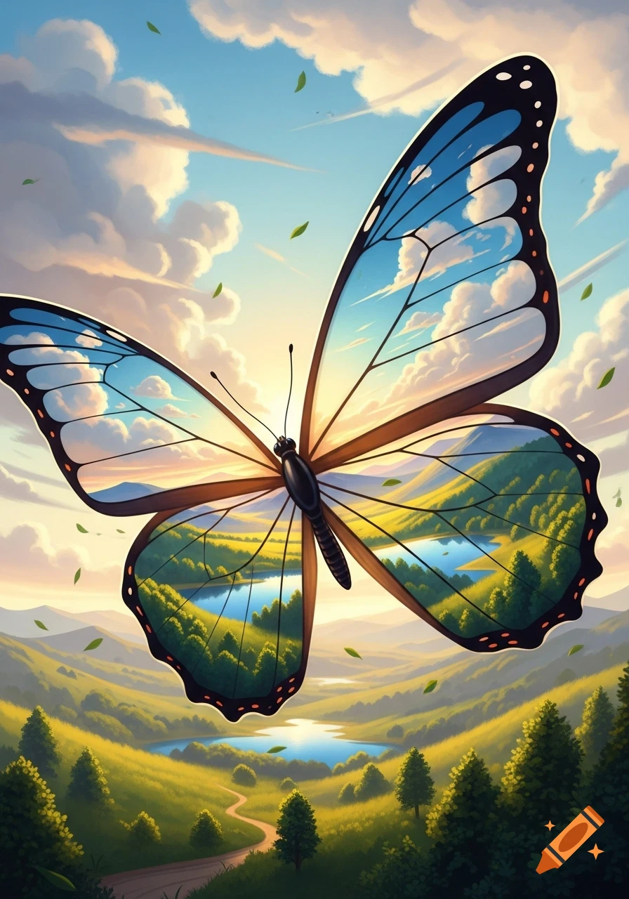 A beautiful butterfly with translucent wings reflecting a vibrant green and blue landscape with rolling hills, lakes, and a cloudy sky at sunset.