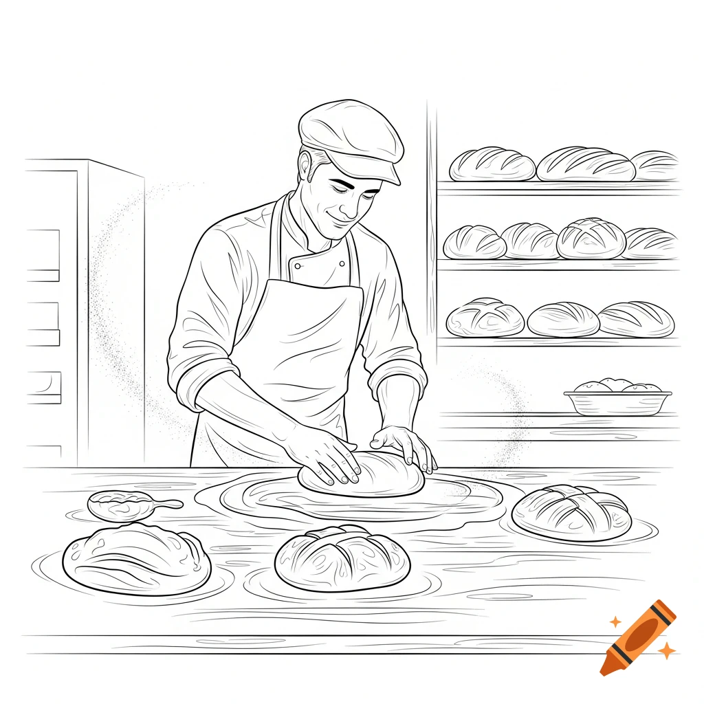 Line art illustration of a smiling baker kneading dough on a counter with loaves of bread on shelves.