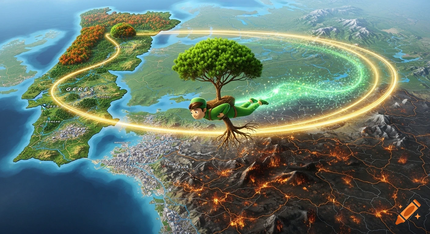 A cartoon superhero character resembling a green pencil, holding a tree with glowing roots, flies over a detailed map of Portugal, leaving a golden and green light trail. The map shows lush green forests transitioning to charred, burning land, with the word "GERES" visible on the green part.