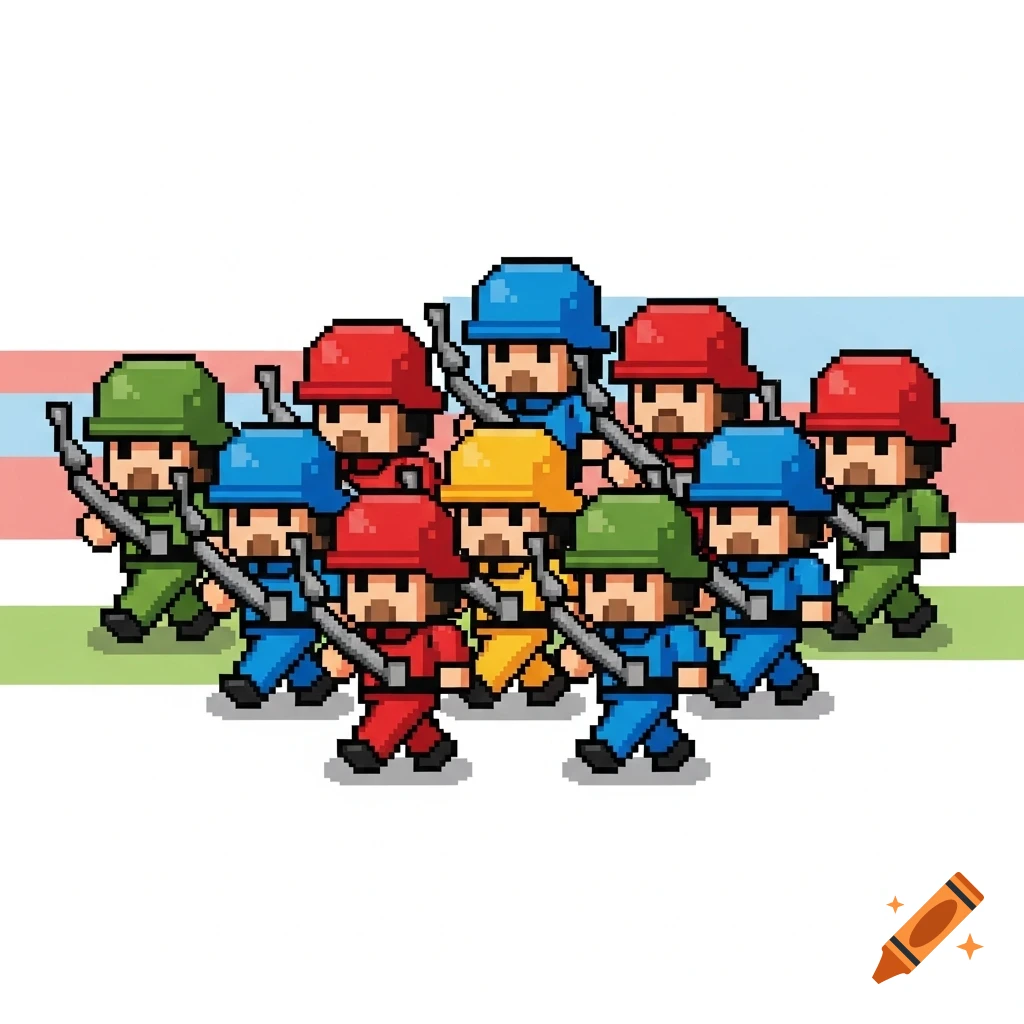 Group of pixel art soldiers in red, blue, green, and yellow uniforms, holding rifles, marching on a striped background.