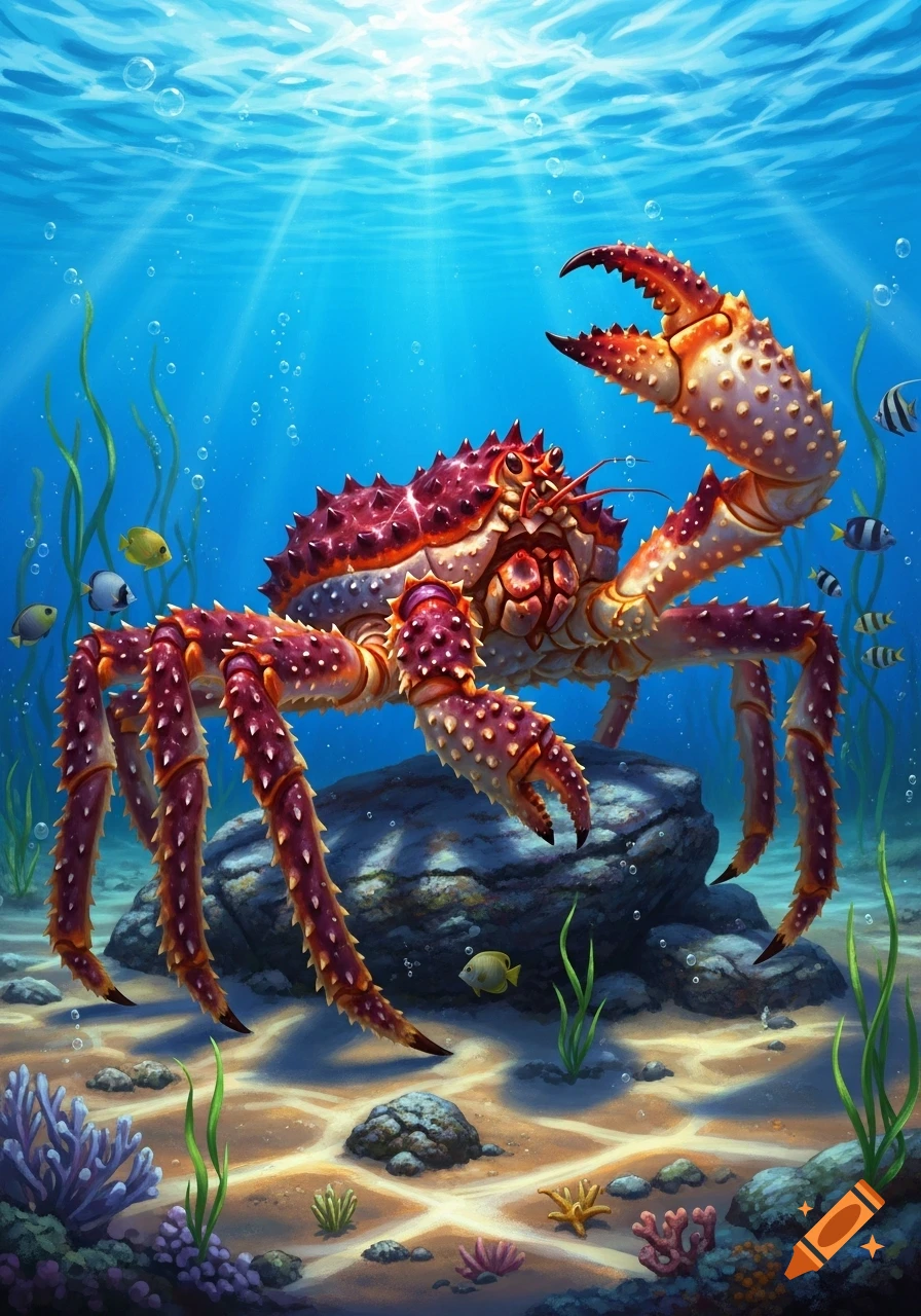 A detailed illustration of a large red and orange king crab standing on a rock underwater, surrounded by small fish, coral, and seaweed, with sunlight beaming through the blue water.