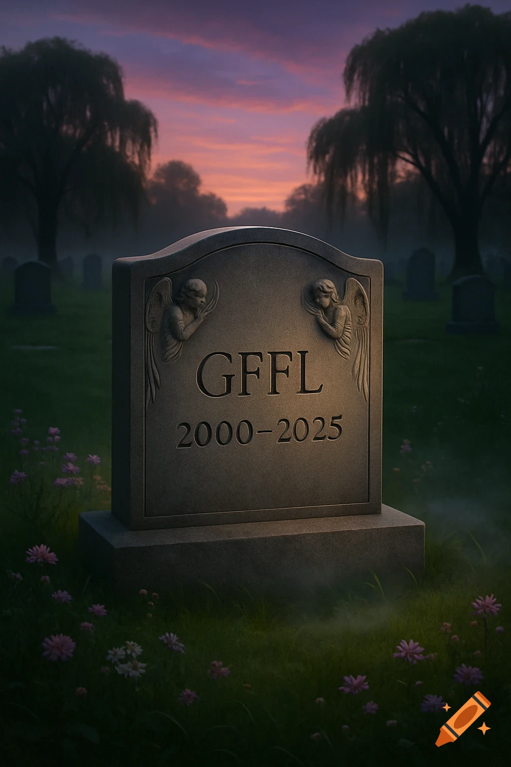 A headstone engraved with "GFFL 2000-2025" and angel carvings in a misty cemetery at sunset.