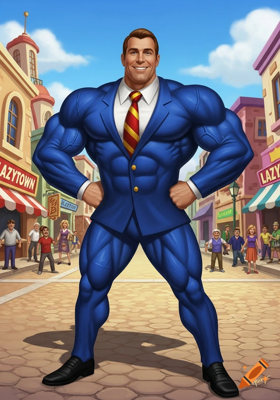 A heavily muscular man in a blue suit and red-striped tie smiles confidently, posing in a cartoon-style town with buildings and other residents.