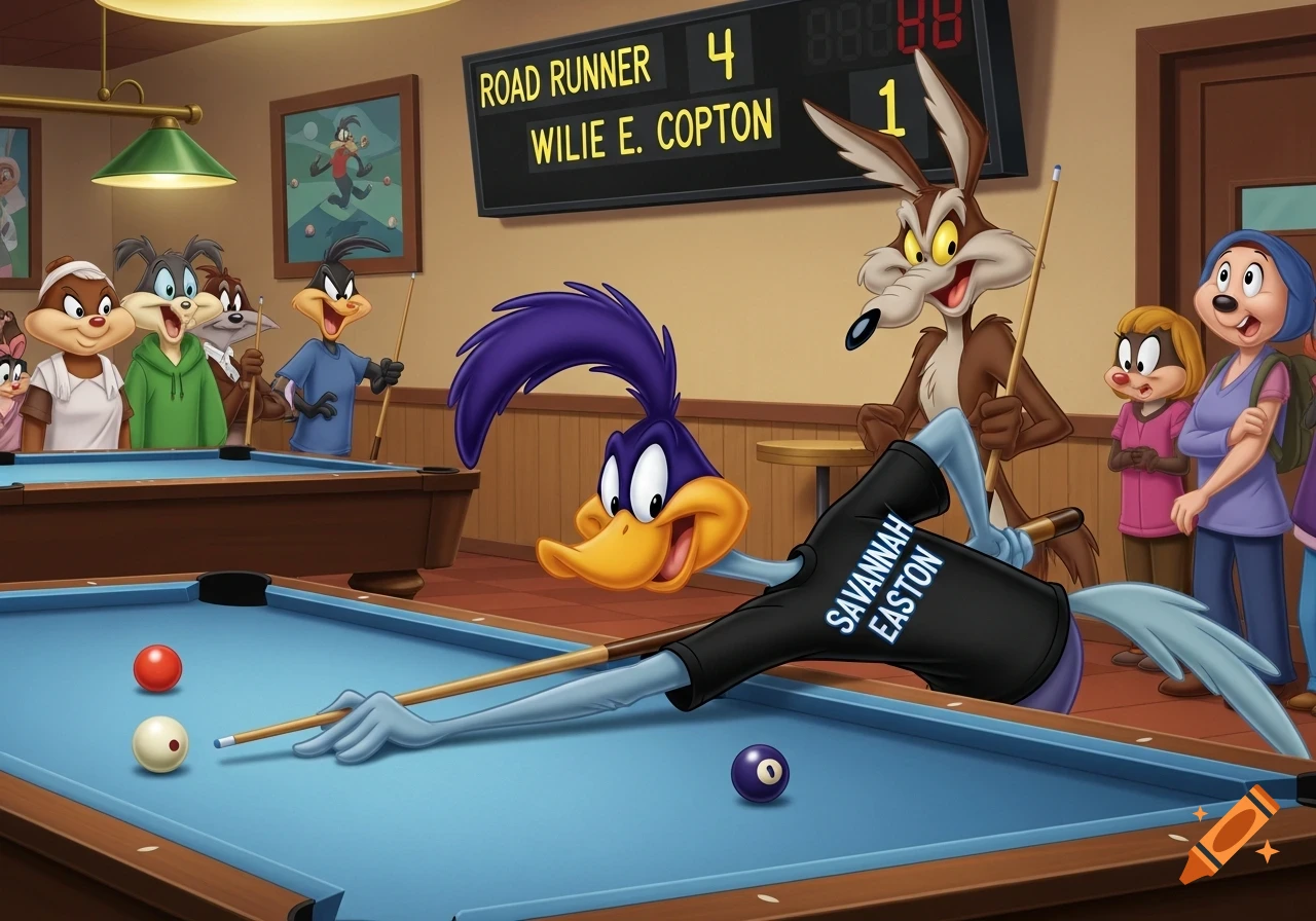 Road Runner plays pool, leaning over a blue table while Wile E. Coyote and other Looney Tunes characters watch in a cartoon style.
