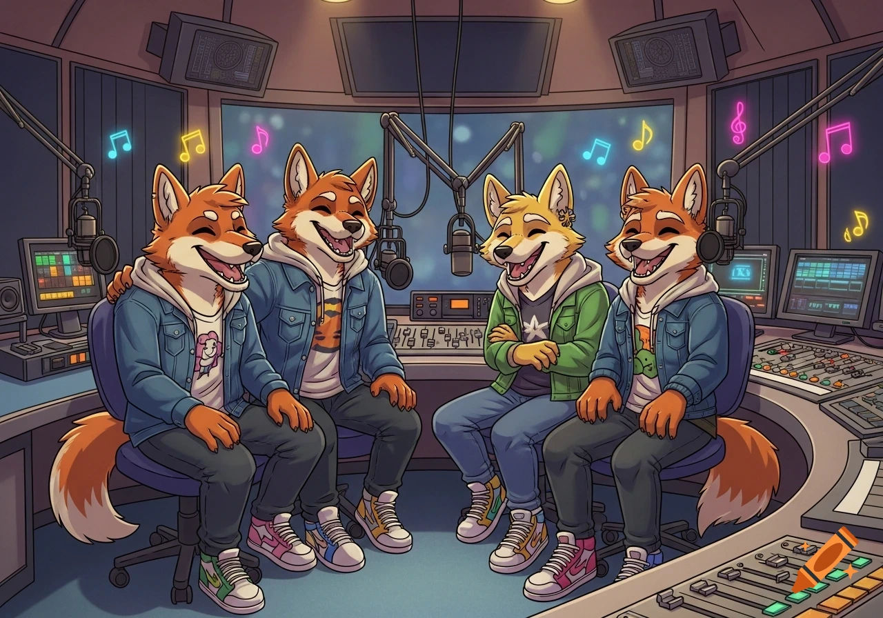 Four anthropomorphic dingo-like characters, dressed in casual wear, sit in a radio station laughing. Musical notes float in the air in this cartoon image.