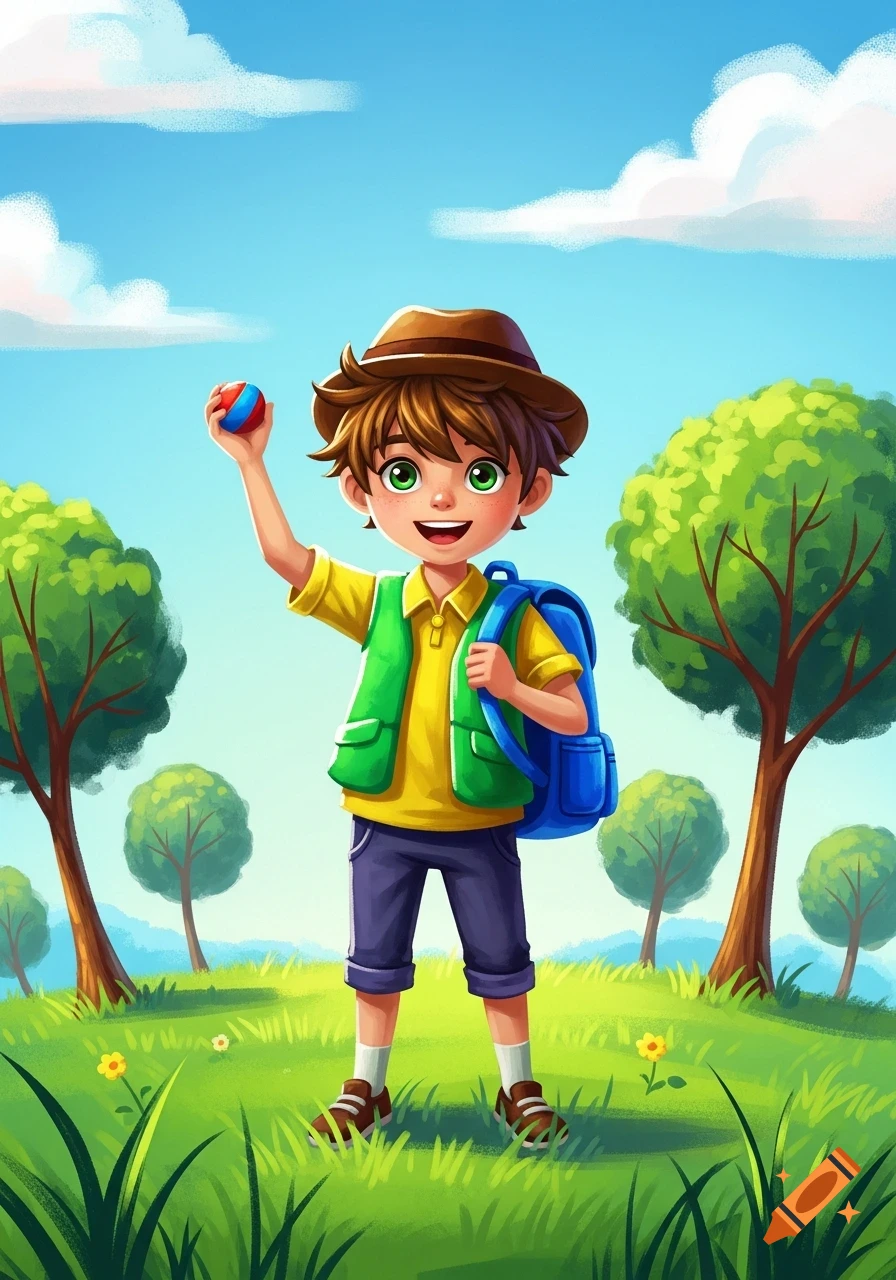 A cheerful cartoon boy with a hat and green vest holds a ball, standing in a bright green field with trees under a blue sky.