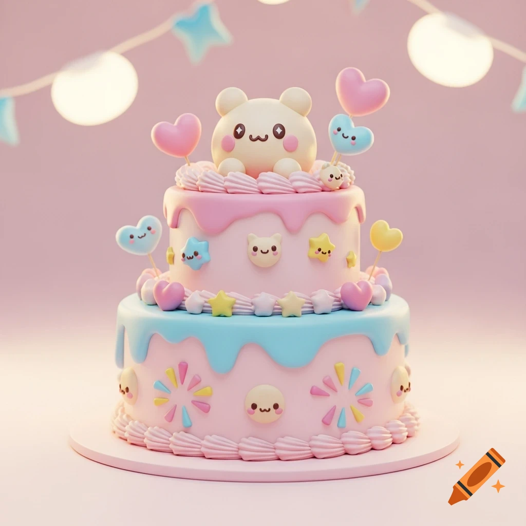 A cute two-tier pink and blue cake decorated with a white bear, hearts, stars, and smiling faces, in a kawaii 3D style.