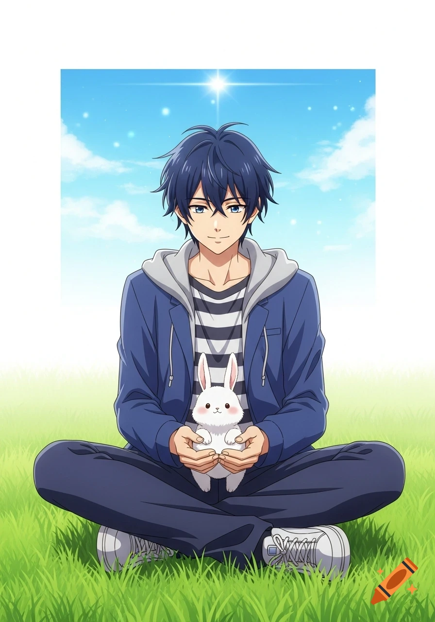 Anime male character with blue hair, wearing a blue jacket and striped shirt, sitting on green grass, holding a cute white rabbit.