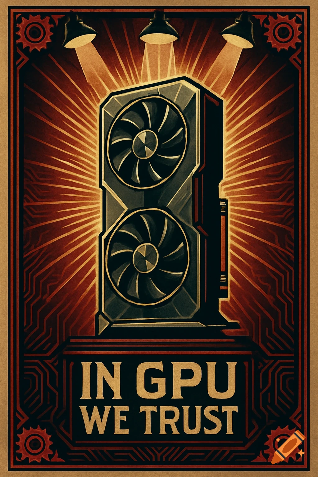 A retro-style propaganda poster features a GPU under spotlights, with circuitry patterns and the text "IN GPU WE TRUST".