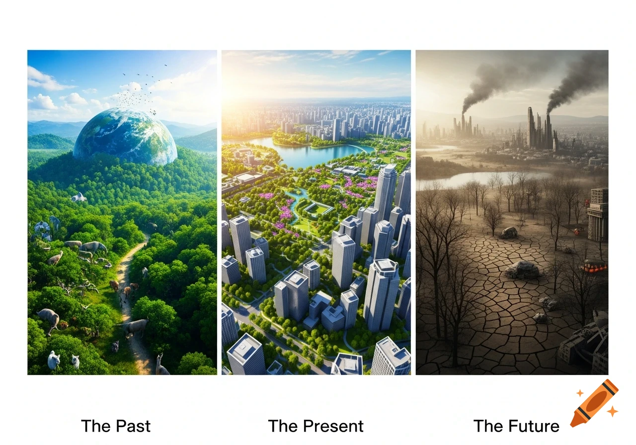Three panels showing Earth's past, present, and future: a lush forest with Earth rising, a vibrant city, and a polluted, cracked landscape.
