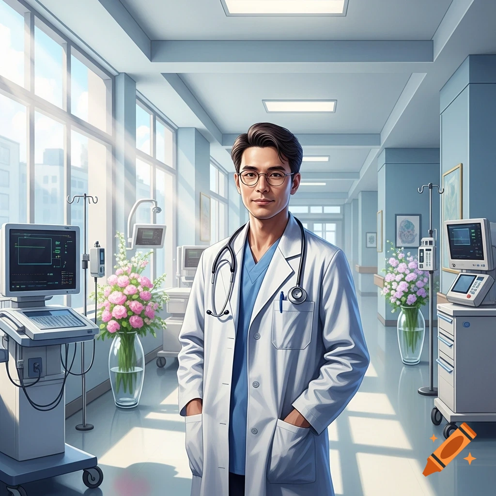 A professional male doctor in a white lab coat and stethoscope stands confidently in a bright hospital hallway with medical equipment.