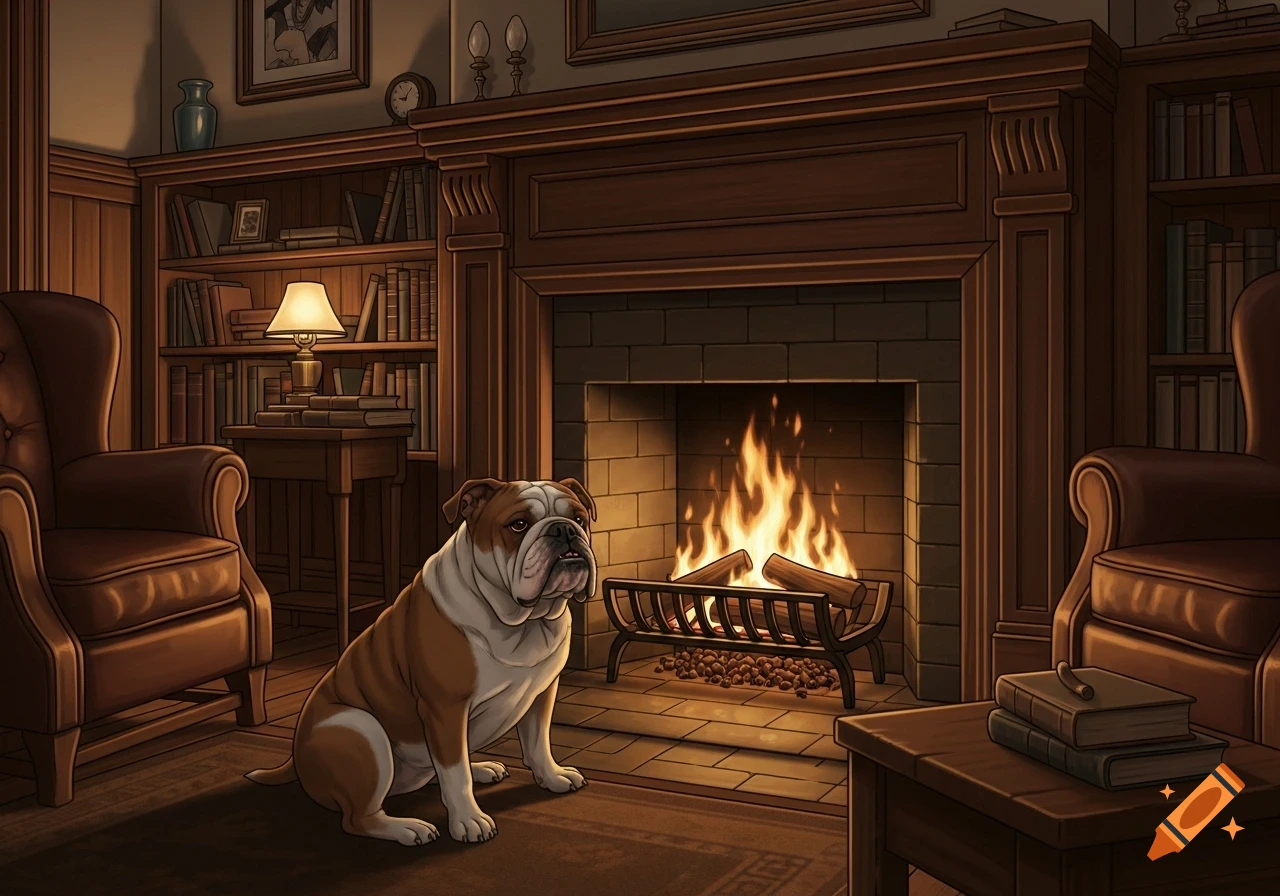 An illustrated bulldog sits in a warm, wood-paneled room with a roaring fireplace, bookshelves, and leather armchairs.