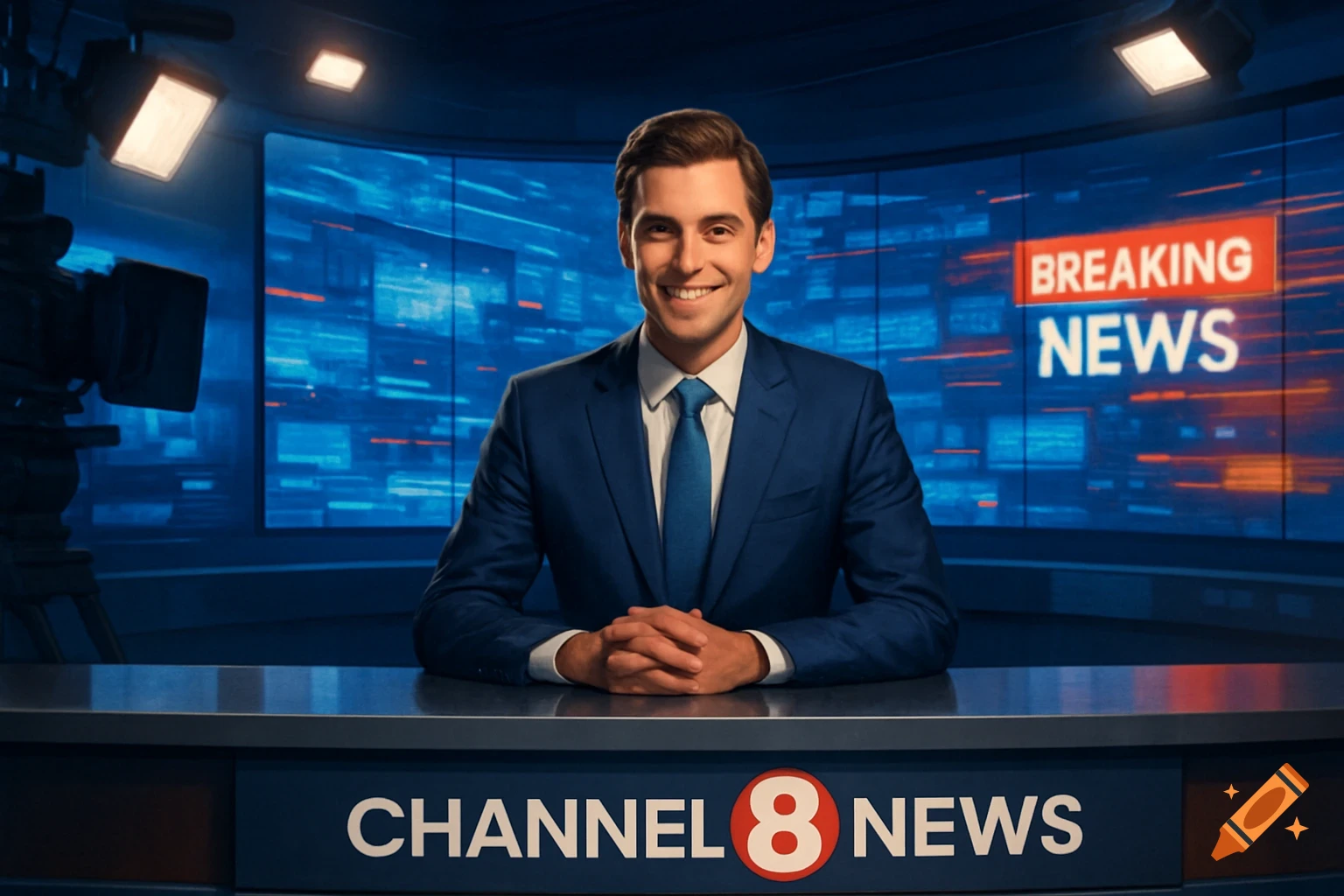 A smiling male news anchor in a blue suit sits at a desk with "CHANNEL 8 NEWS", a screen behind reads "BREAKING NEWS".