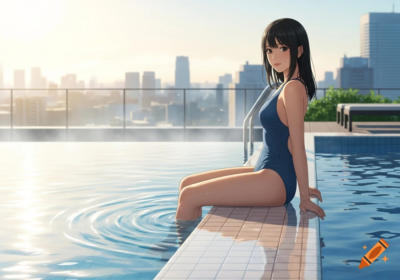 Anime woman in a blue one-piece swimsuit sitting on the edge of a rooftop pool with a city skyline at sunrise.