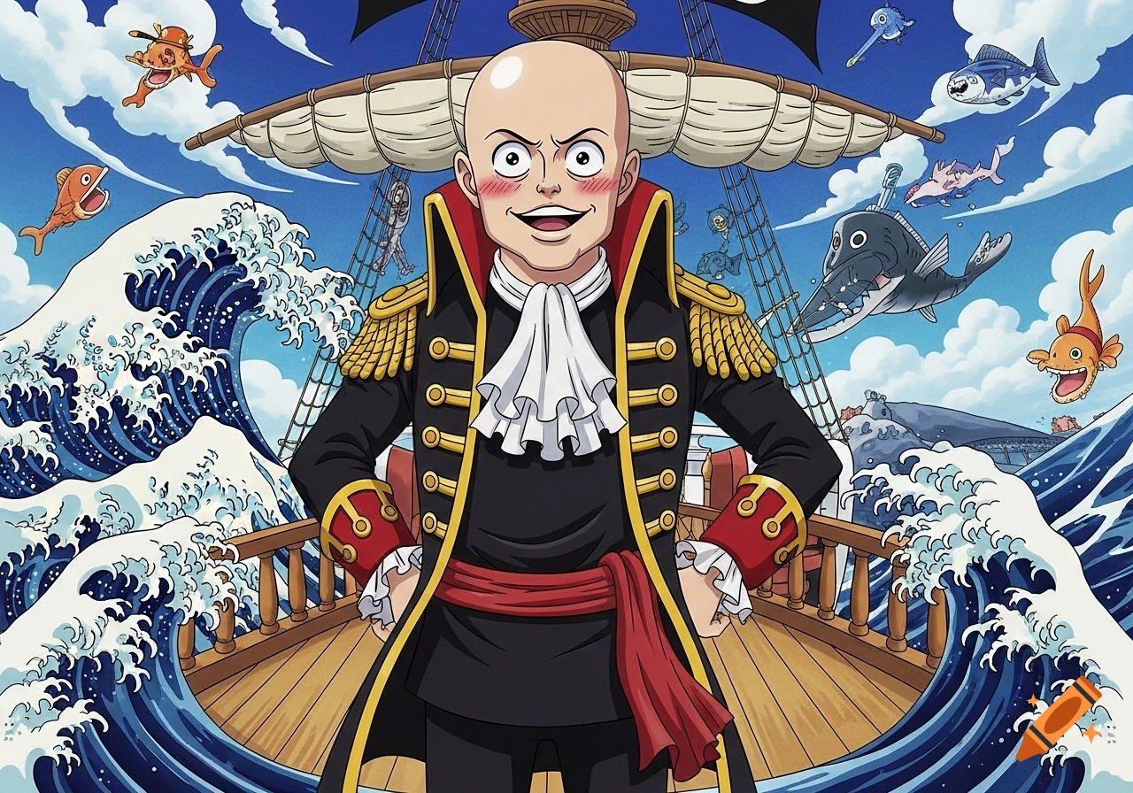 A bald, smiling man in a pirate captain's coat on a ship, surrounded by giant anime waves and flying fish.