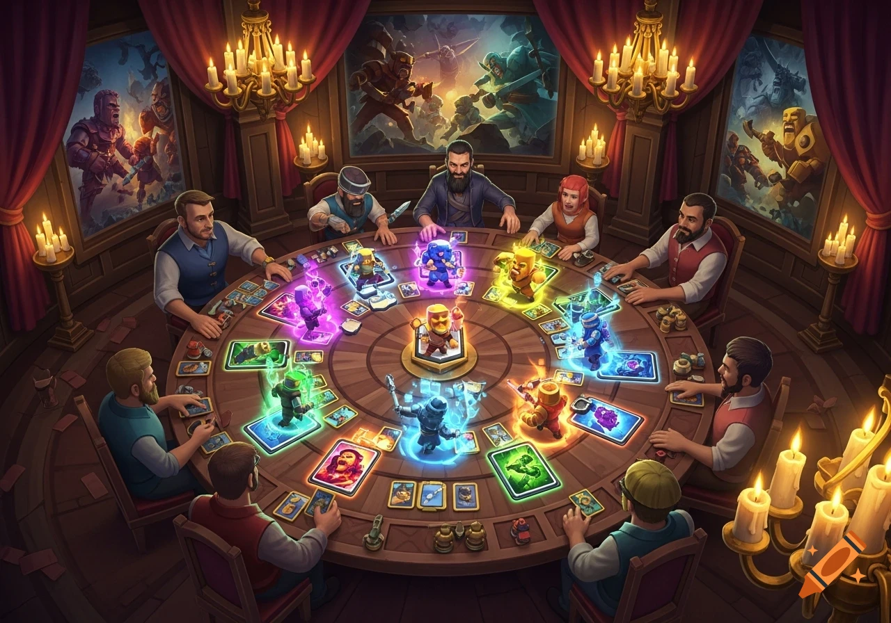 A group of diverse people playing a vibrant fantasy card game on a large round table in a grand, candlelit room.