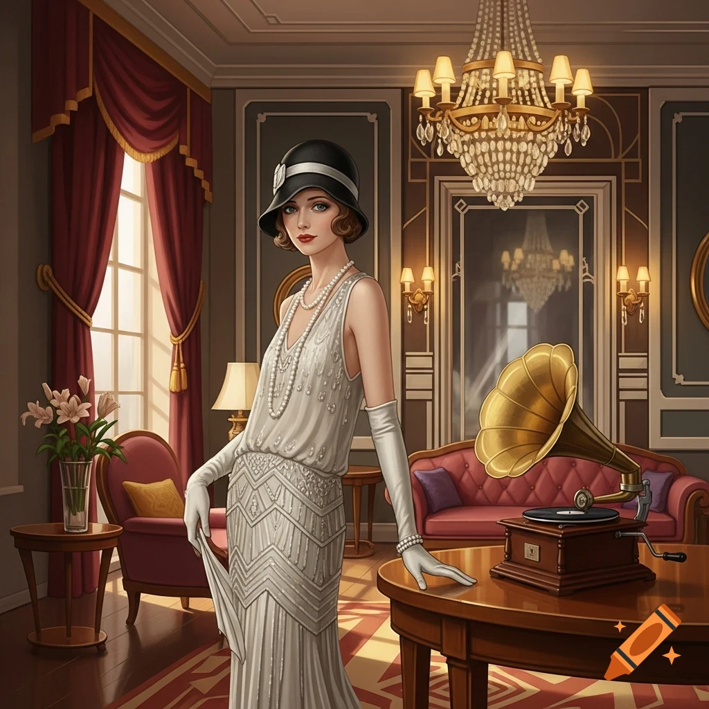 A vintage woman in a white flapper dress and cloche hat stands in an ornate Art Deco room with a gramophone and chandelier.