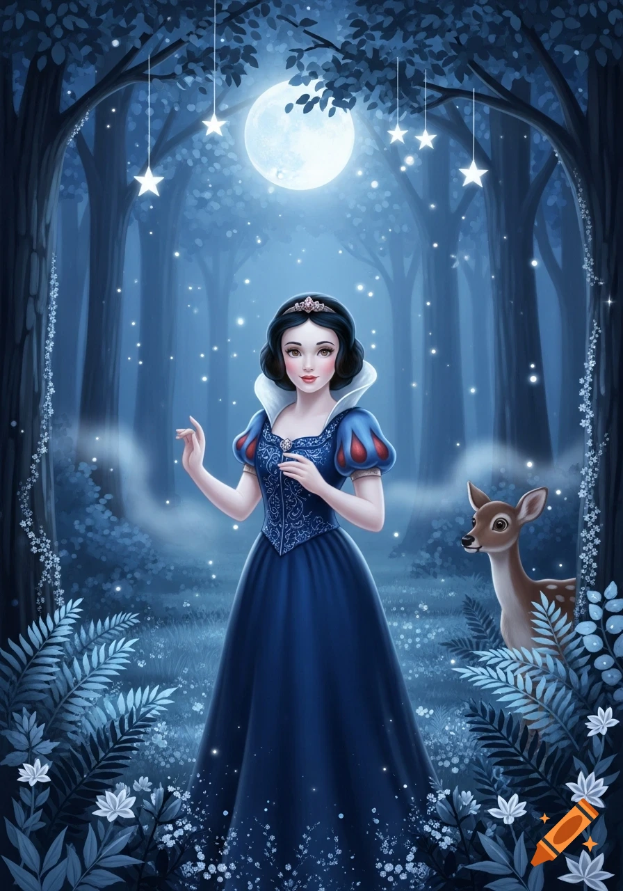 A beautiful illustration of Snow White wearing a blue dress and tiara, standing in a magical dark blue forest with a bright moon, stars, and a deer.
