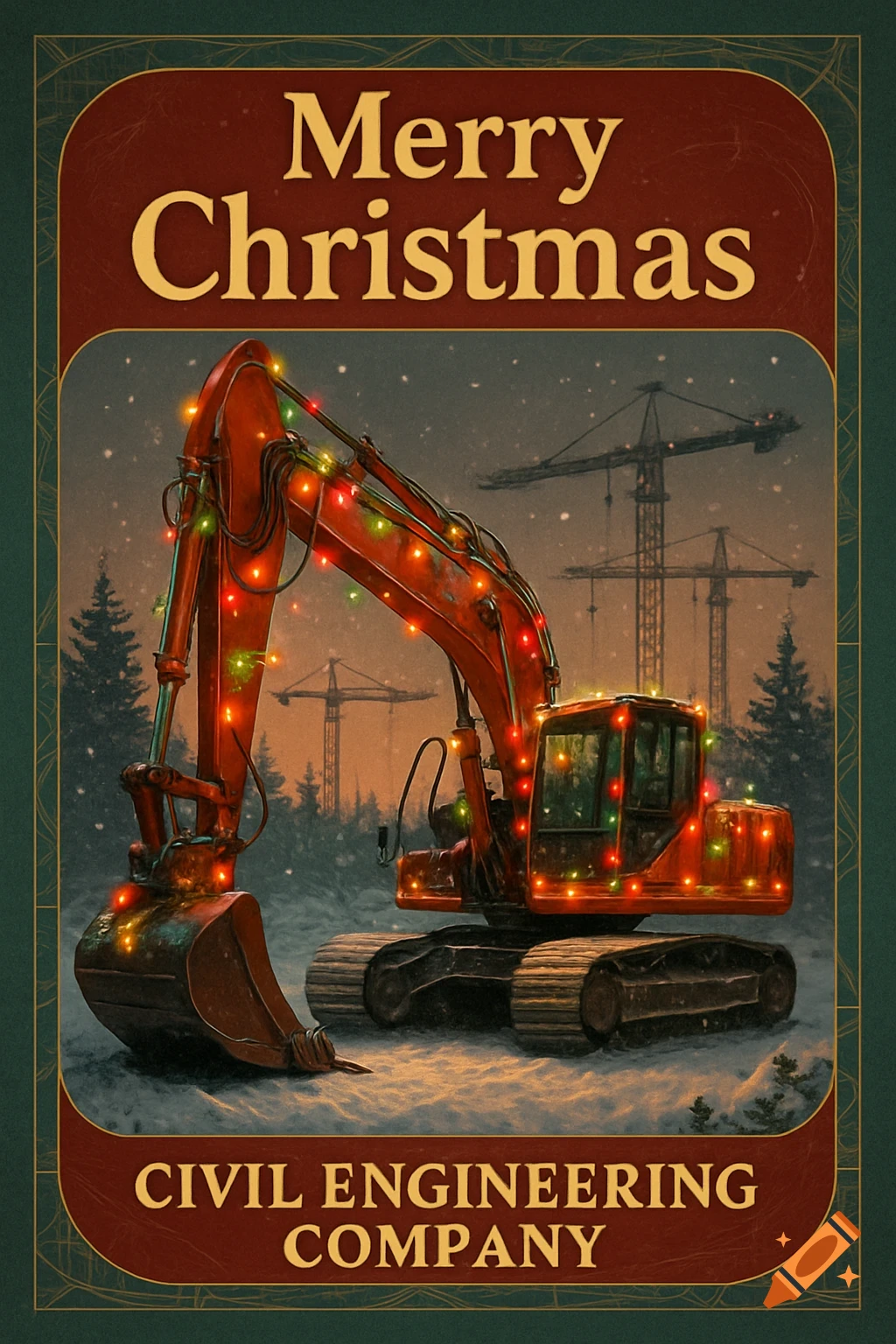 A Christmas card featuring an excavator decorated with colorful lights in a snowy scene with cranes, bearing the text 'Merry Christmas' and 'CIVIL ENGINEERING COMPANY'.
