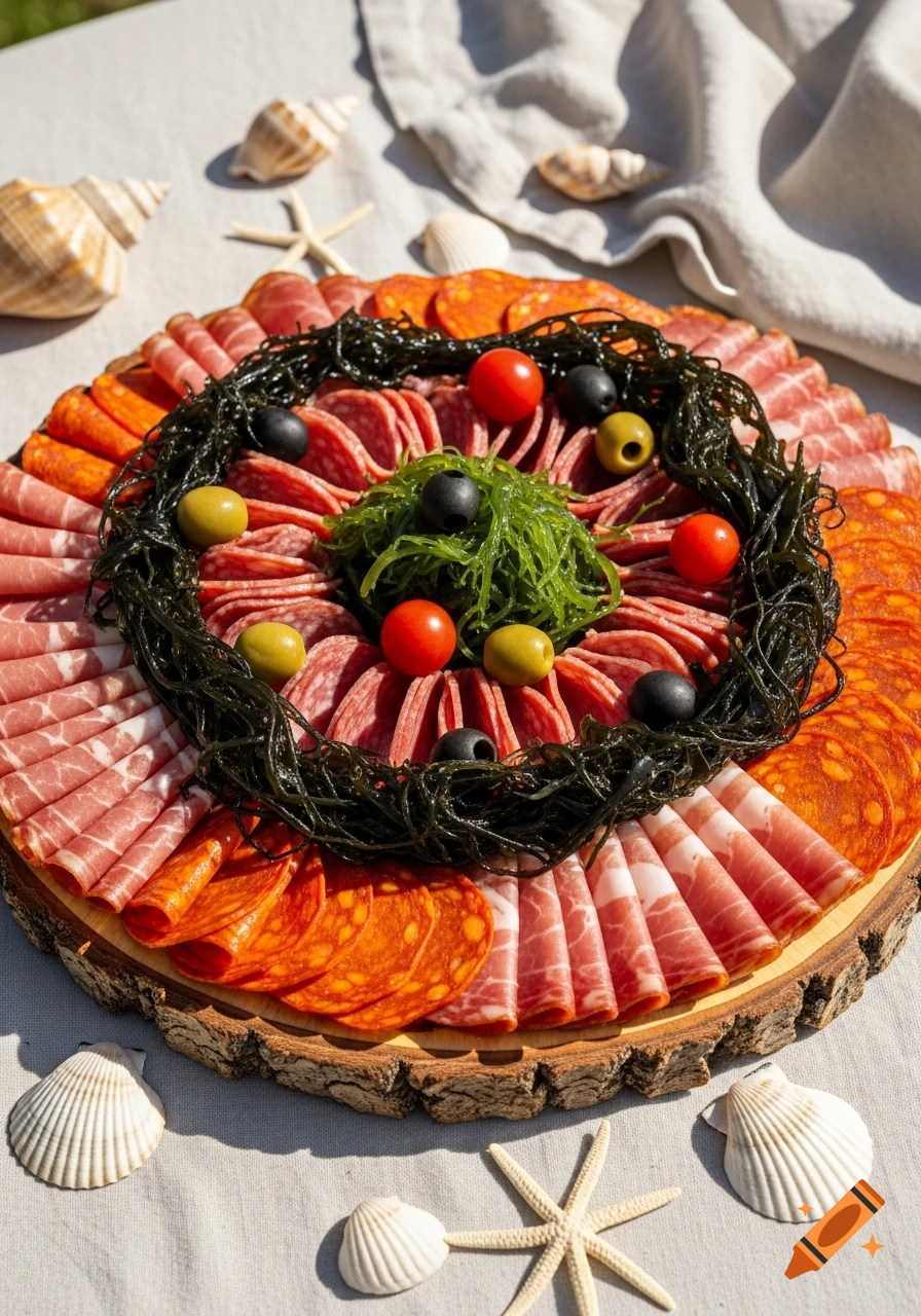 A photorealistic charcuterie board with various meats, olives, tomatoes, and seaweed, surrounded by seashells and starfish on a light tablecloth.