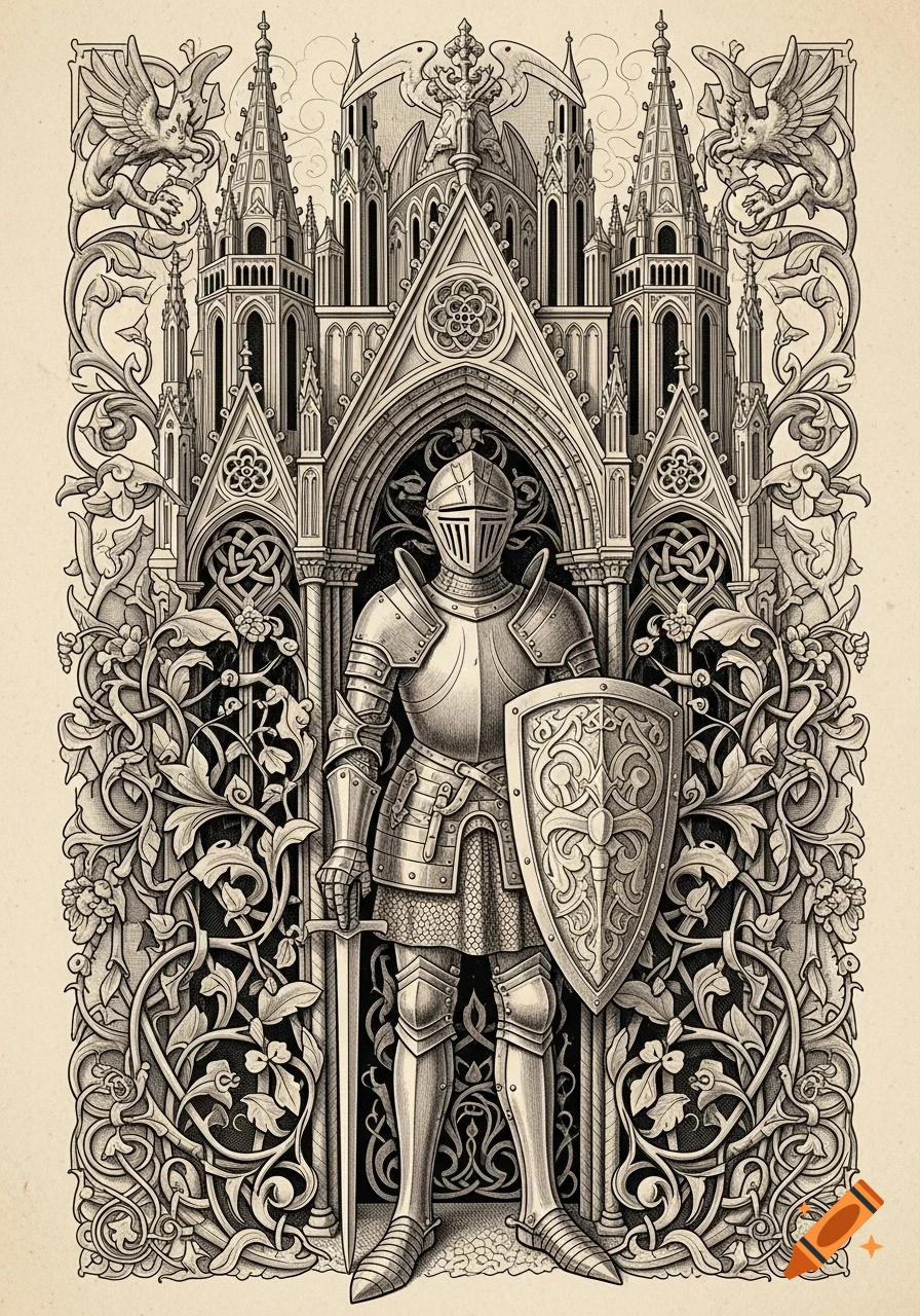 A detailed medieval engraving of a knight in full armor, holding a sword and shield, framed by gothic architecture and floral scrollwork.