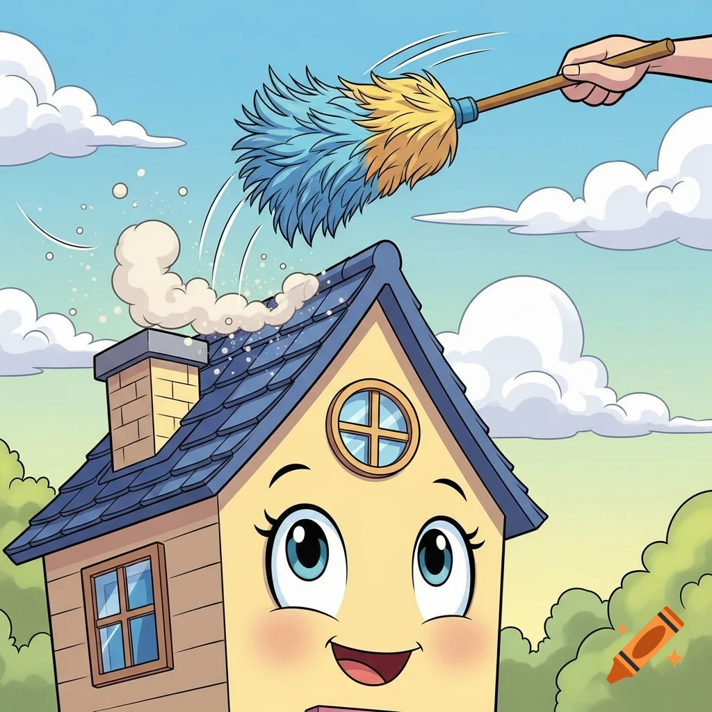 A friendly yellow cartoon house with big eyes smiles as a hand uses a feather duster to clean dust off its blue roof, under a blue sky.