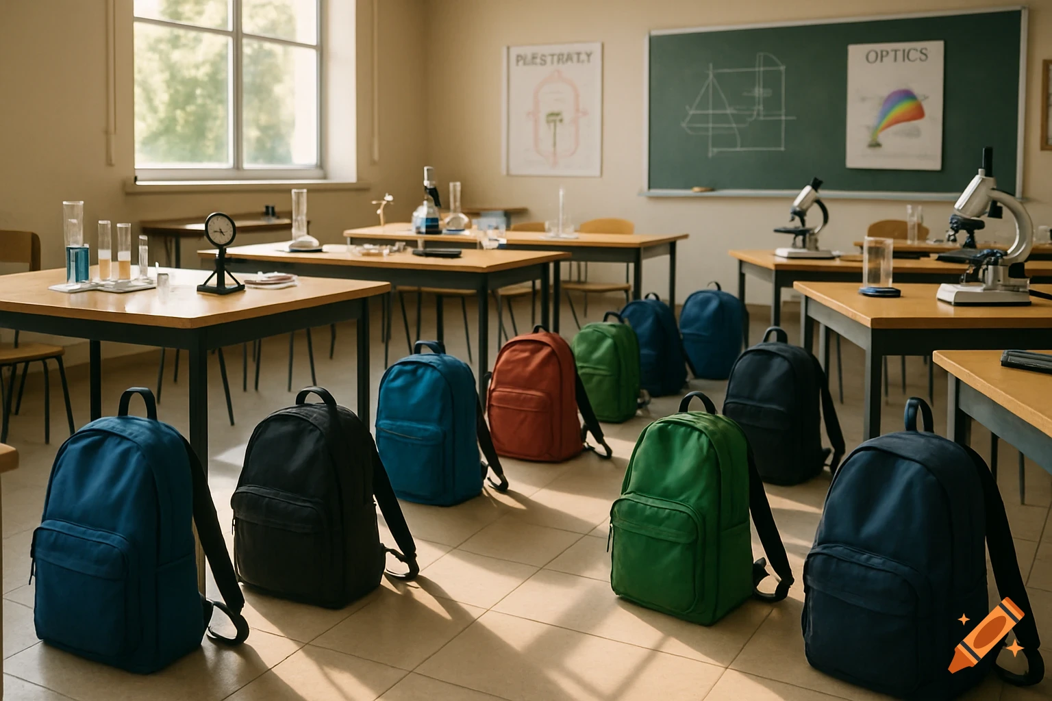 A photorealistic view of a science classroom with wooden desks, lab equipment, and colorful backpacks on the tiled floor.