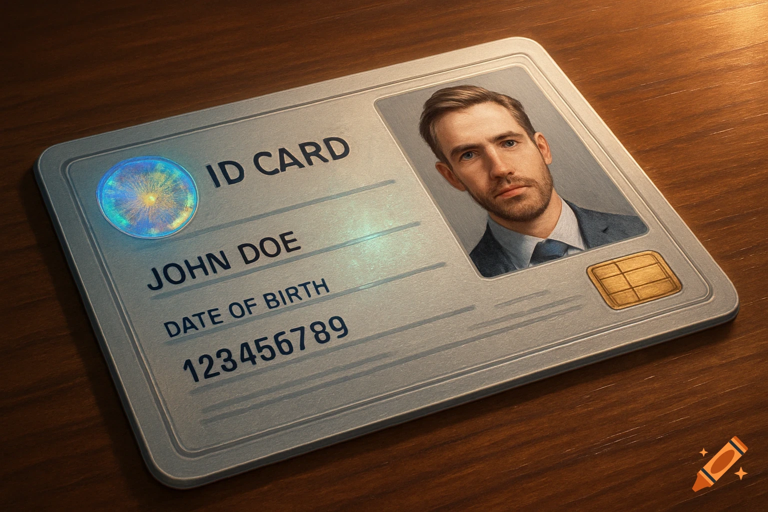 A realistic illustration of an ID card with 'John Doe' and a man's portrait on a wooden table.