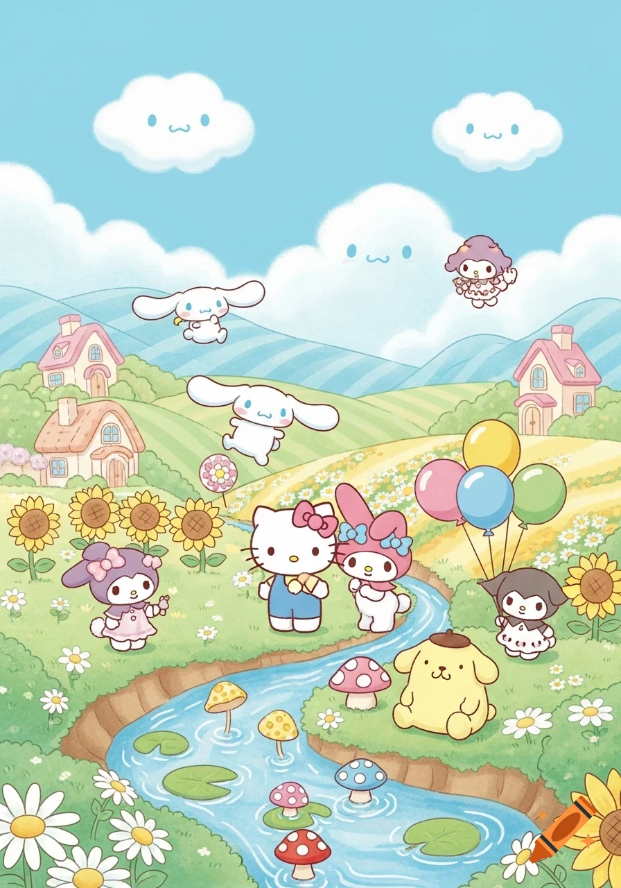 Hello Kitty, My Melody, Cinnamoroll, Kuromi, and Pompompurin gather by a stream in a whimsical cartoon countryside.