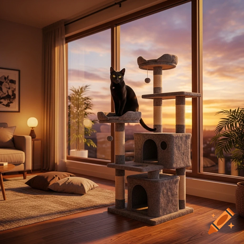 A black cat with yellow eyes sits on a grey cat tower in a cozy living room with a sunset view through large windows. Photorealistic style.