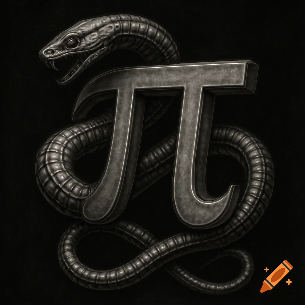 A dark HR Giger style image of a textured snake coiled around a metallic Greek letter Pi symbol.