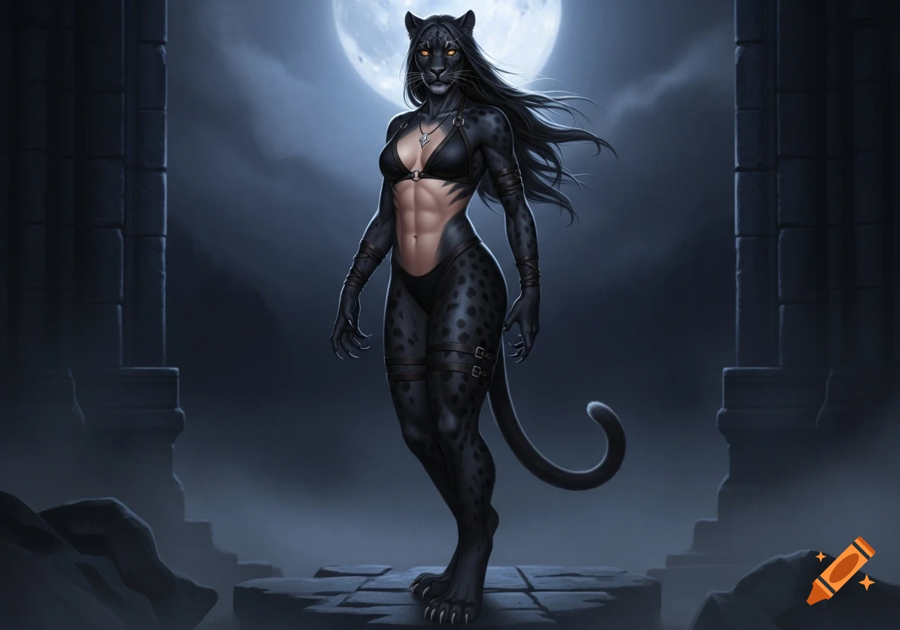 A highly detailed, athletic female humanoid black panther with glowing eyes and long dark hair, wearing a minimal black bikini, stands on a stone platform under a full moon in shadowy ruins.