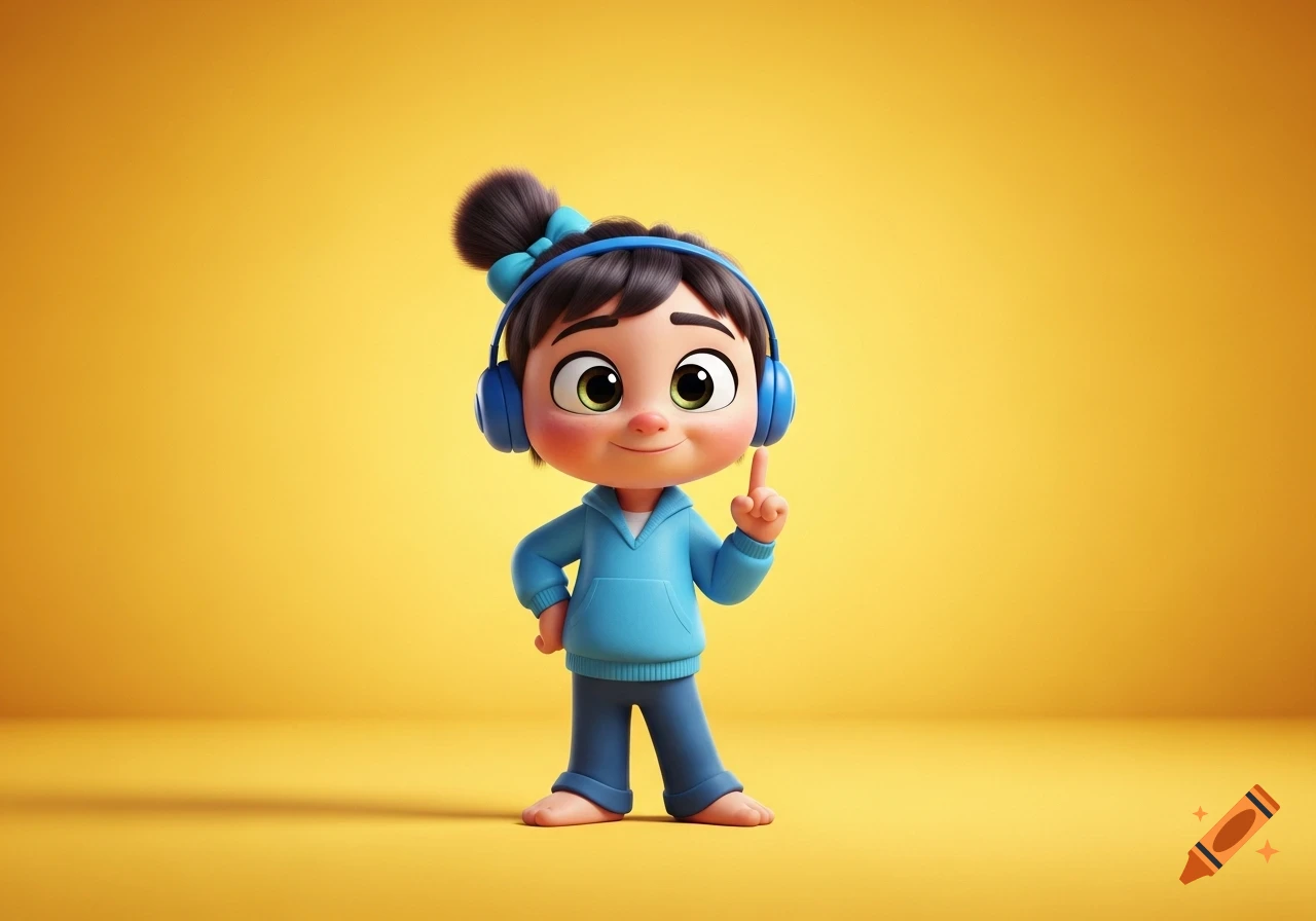 A cute Pixar-style 3D cartoon child in blue headphones and hoodie stands on a yellow background, pointing up.