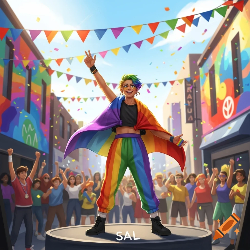 Stylized illustration of a person with rainbow hair and clothing celebrating on a stage, surrounded by a cheering crowd and confetti at a colorful street festival.