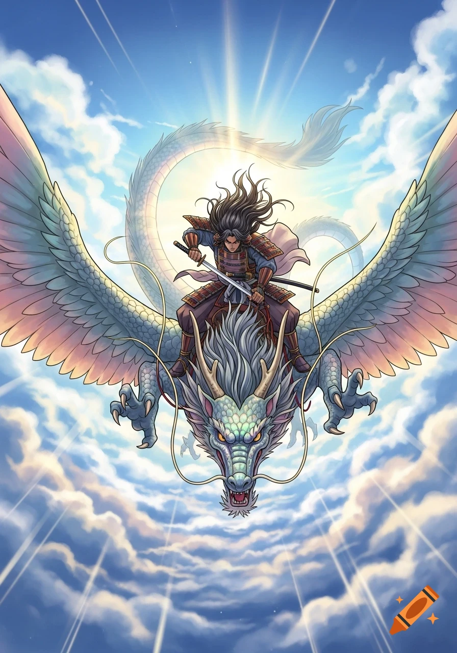 Manga style illustration of a samurai with long dark hair riding a winged dragon through bright, sun-drenched clouds.