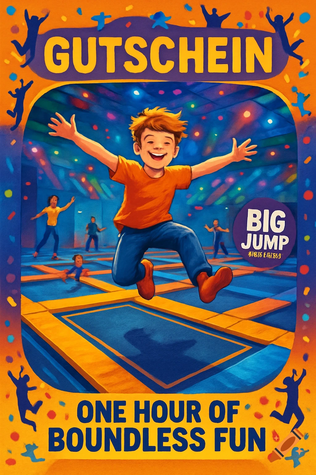 A colorful illustration of a coupon for a trampoline park. A child in an orange shirt jumps excitedly, with other people on trampolines in the background. Text reads 'GUTSCHEIN', 'BIG JUMP', and 'ONE HOUR OF BOUNDLESS FUN'.