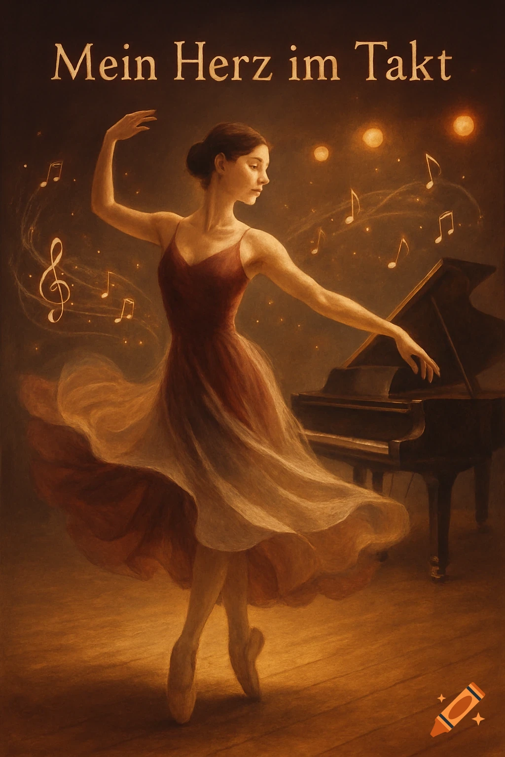 A ballerina in a flowing red and white dress dances en pointe on a wooden stage, surrounded by glowing musical notes, next to a grand piano. Text reads Mein Herz im Takt.