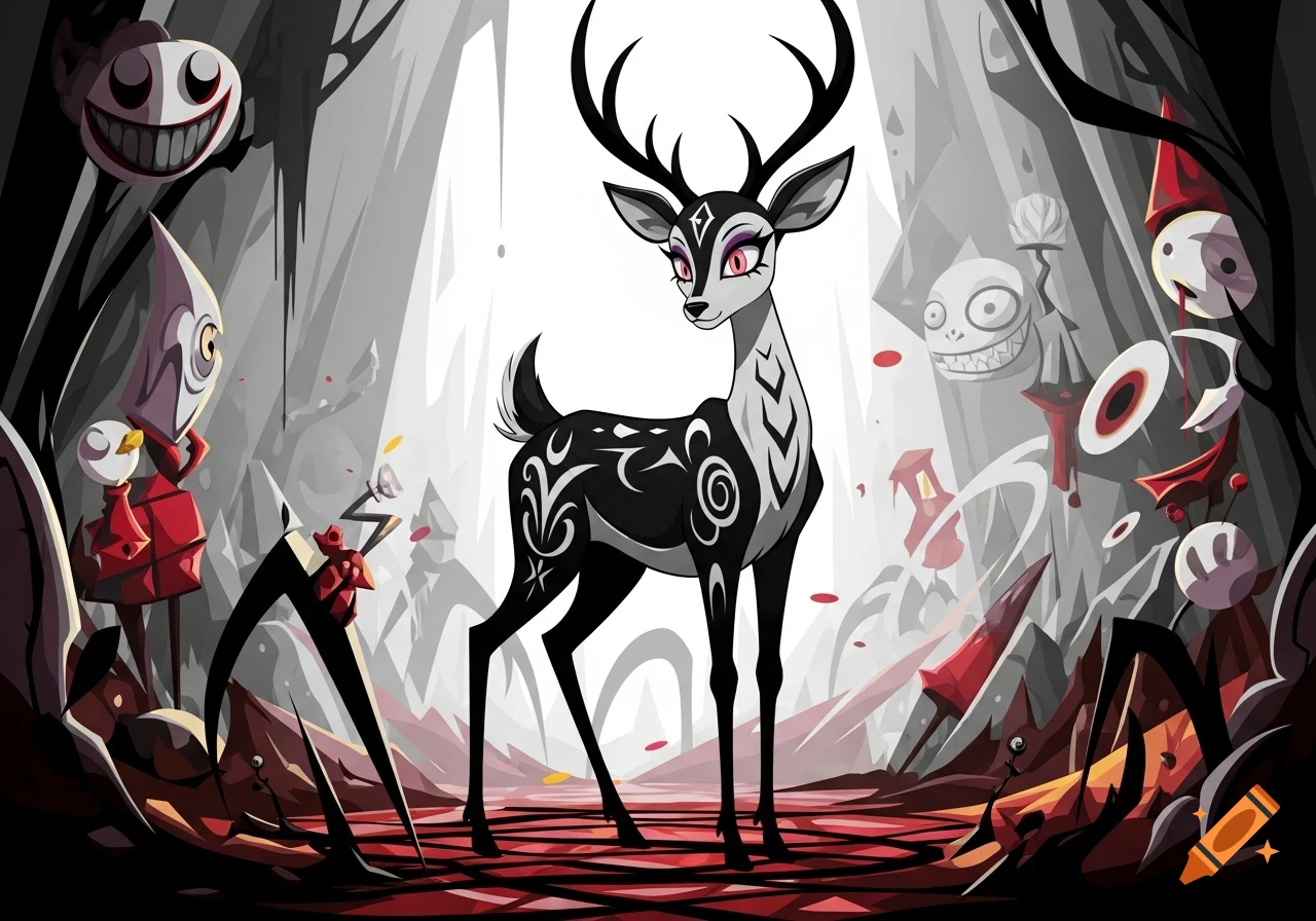 A black and white stylized deer with large antlers in an eerie, surreal forest with strange, smiling creatures in the background.