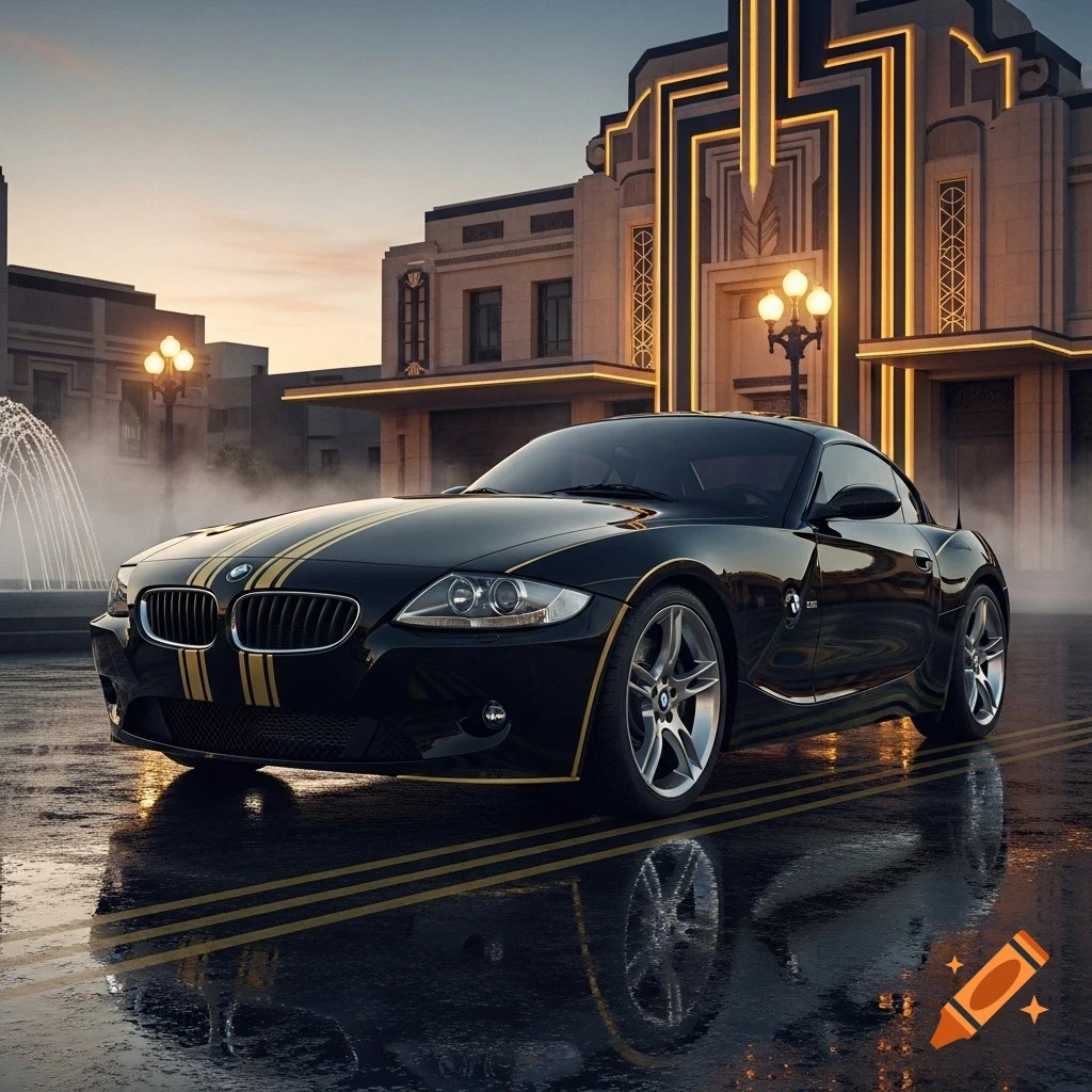 A black BMW Z4 with gold racing stripes on a wet street, with a glowing Art Deco building and a fountain in the background at dusk.