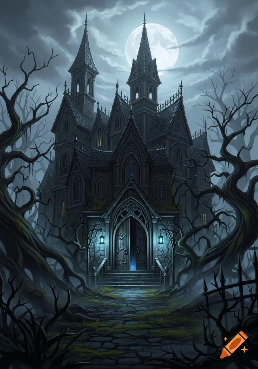 A dark, spooky gothic mansion with spires and glowing lanterns, surrounded by gnarled bare trees under a full moon, digital painting.