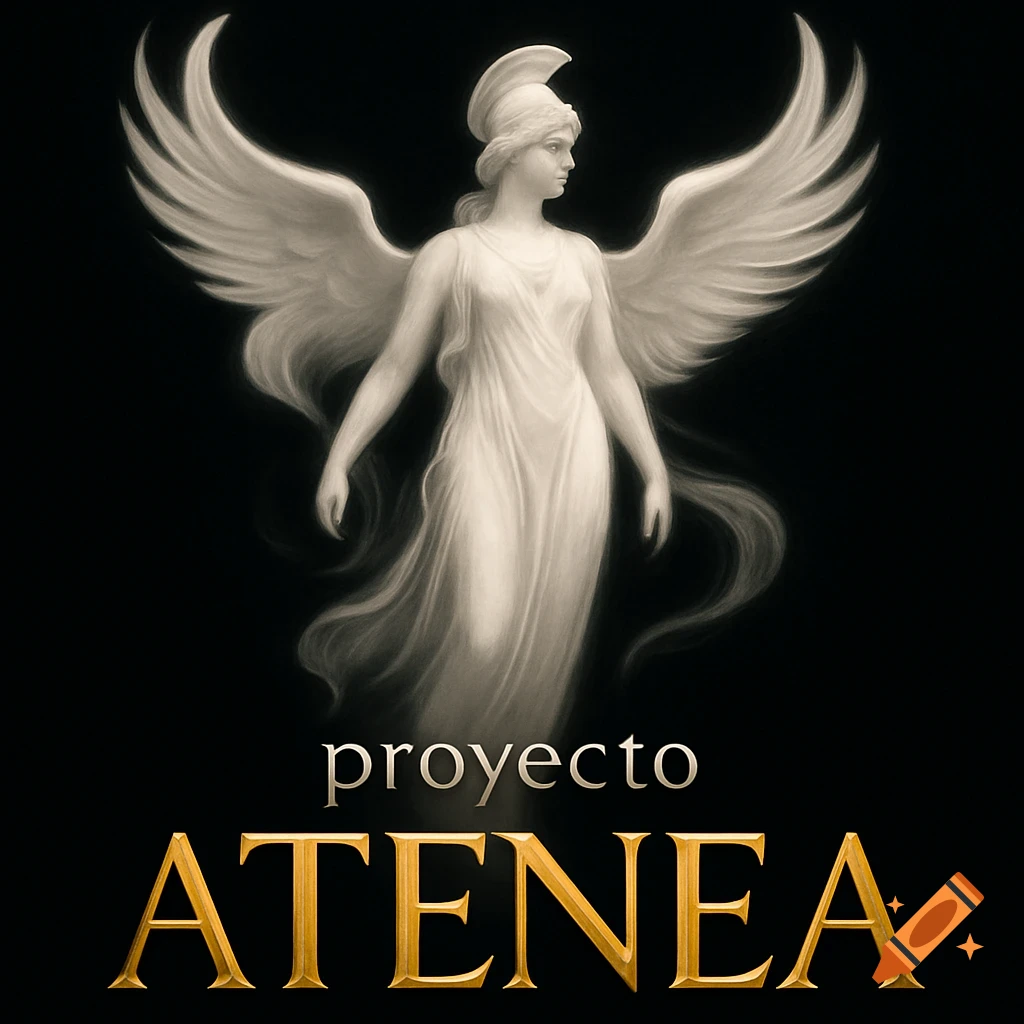 A white, winged goddess figure with a helmet and a flowing dress stands against a black background, above the words "proyecto ATENEA".