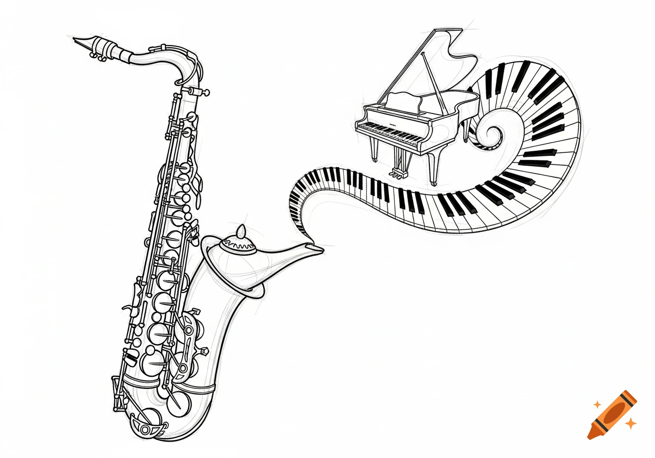 A line art sketch of a saxophone that merges into a genie lamp, from which a grand piano emerges with keys forming a swirling path.