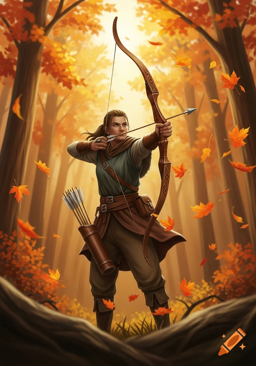 An illustrated fantasy archer draws a bow in a warm, glowing autumn forest with falling orange leaves.
