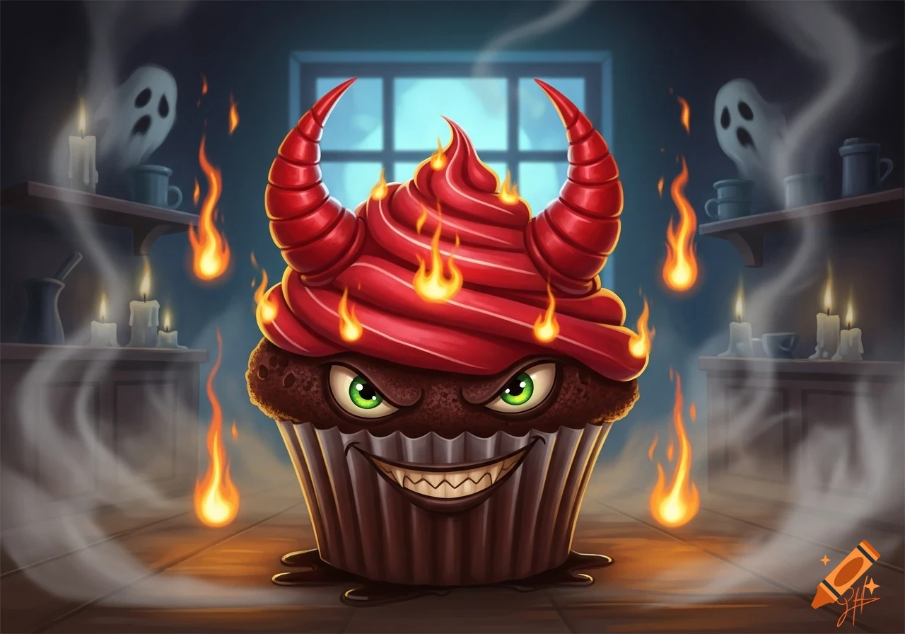 Cartoon illustration of a devilish chocolate cupcake with red frosting horns, flames, green eyes, and a sinister smile, in a smoky room with ghosts.